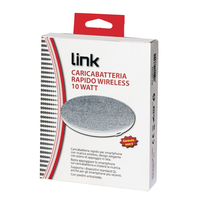 CARICABATTERIA WIRELESS PER SMARTPHONE A RICARICA RAPIDA SUPERFICIE IN TELA POTENZA 10 WATT CON FUNZIONE DI SICUREZZA F.O.D.