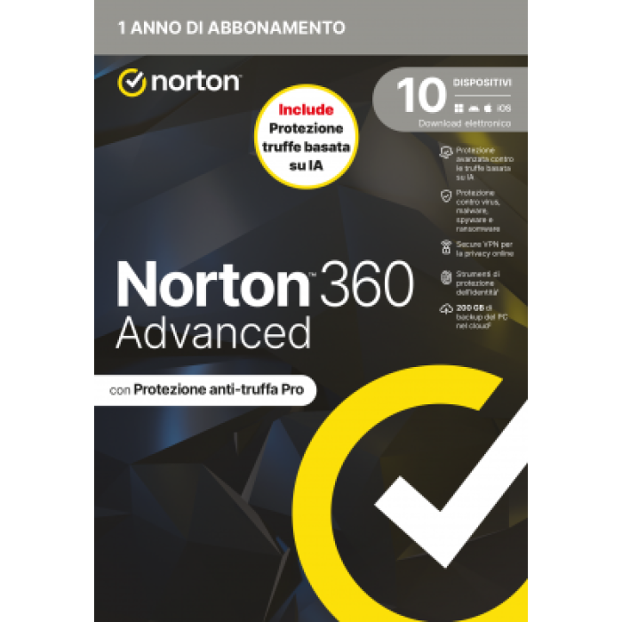 NORTON LIFELOCK 21483713 NORTON 360 ADVANCED 2026 ANTITRUFFA 10DEV 1Y 200GB
