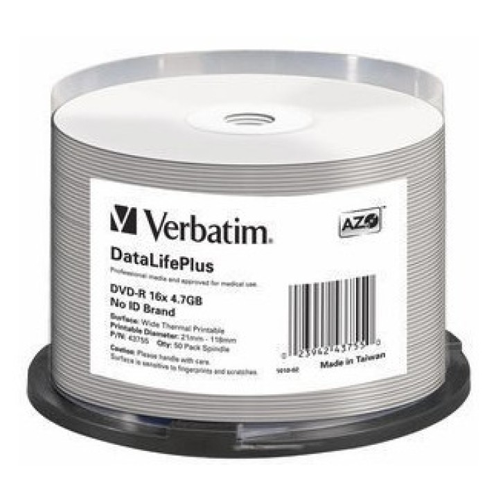 VERBATIM 43755 VERBATIM DVD-R 4.7GB DL+ 16X WIDE THERM PRINT 50PZ